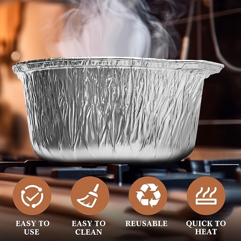 Portable 10/5pcs Disposable Aluminum Pot with Lid Round Foil Pans Durable Cookware Food Container for Vacation Trips Camping Baking Heating Cooking (33.8oz)4
