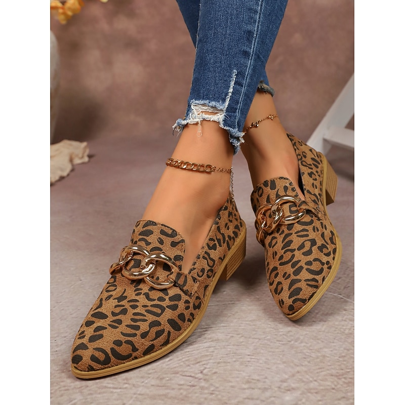 Leopard Print Faux Suede Loafers for Women – Chic Slip-On Shoes with Gold Chain Detail and Block Heel, Stylish Casual Footwear