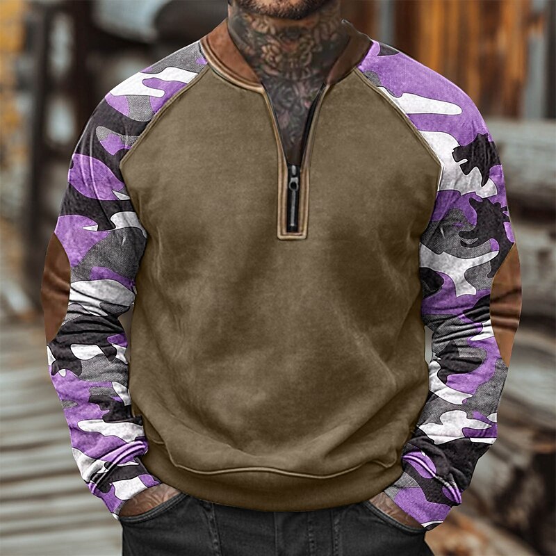 Men's Sweatshirt Quarter Zip Sweatshirt Army Green Navy Blue Blue Purple Half Zip Color Block Camo / Camouflage Half Zip Print Casual Daily Holiday Polyester Vintage Streetwear Casual Fall Winter3