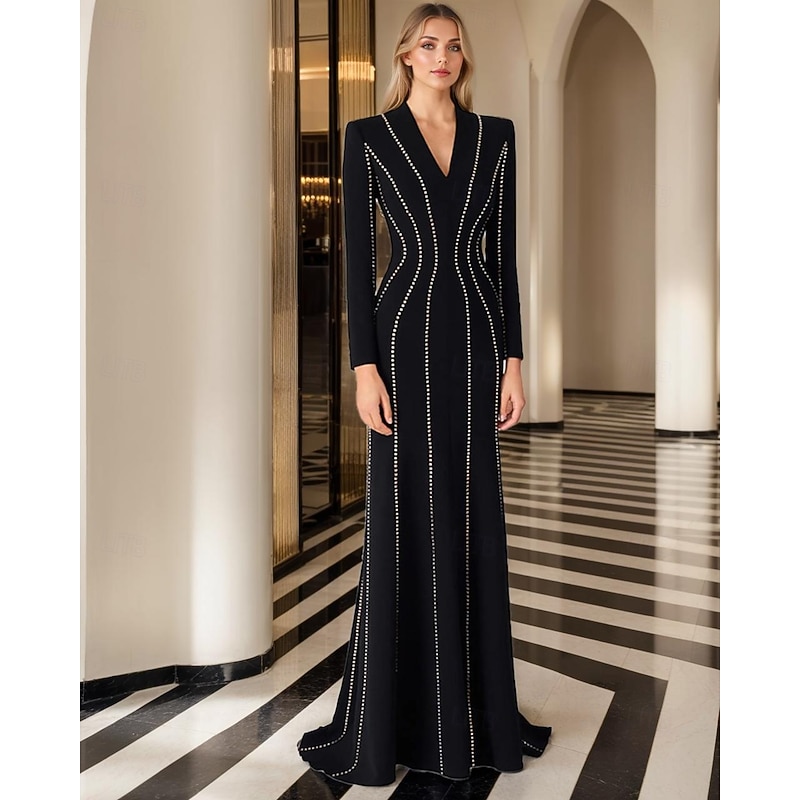 Tuxedo Dress Sheath Formal Evening Party Elegant Glittering Celebrity Style Long Sleeve Floor Length V Neck