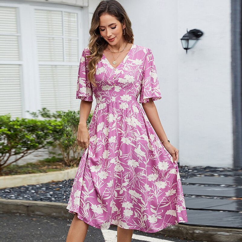 Women's Midi Dress A Line Dress Vacation Boho Beach Flare Cuff Sleeve Party Going out Beach Loose Fit Floral Graphic Short Sleeve V Neck Light Purple Summer Spring