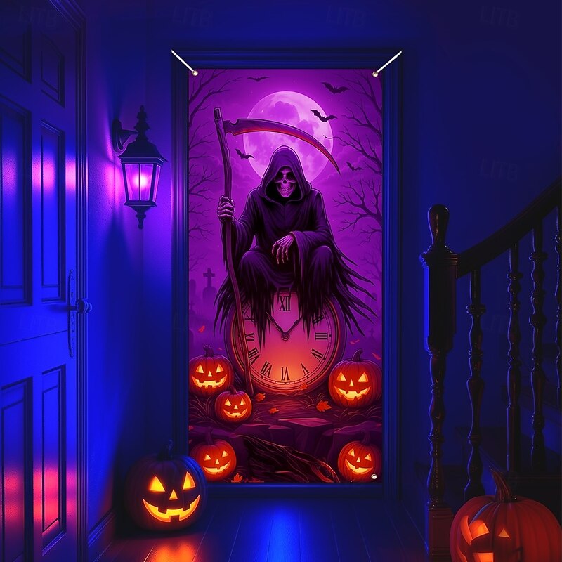 Halloween Door Cover Neon Grim Reaper with Lantern Banner, Glowing Blacklight Entrance Decoration for Outdoor & Indoor 2025 Halloween Bedroom, Living Room, Bathroom4