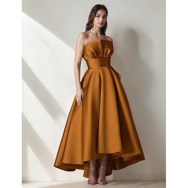 DustyA-Line Cocktail Dresses High-low Dress Formal Wedding Tea Length Midi Length Sleeveless Satin with Pleats Ruffles4