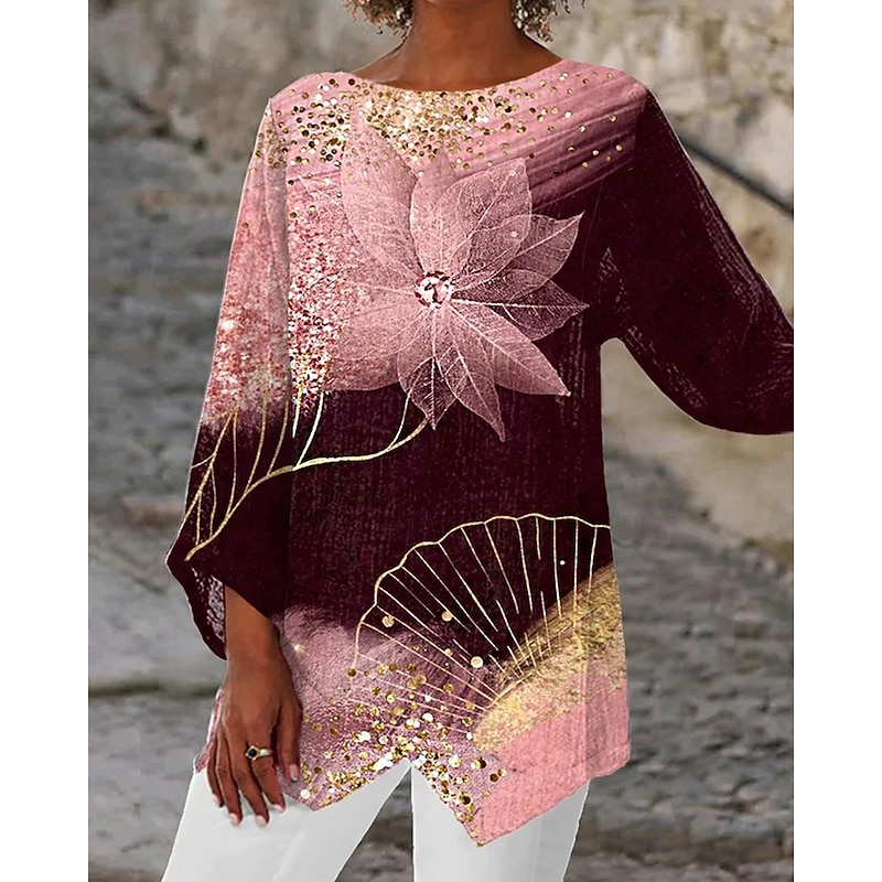 Women's T Shirt Tee Top Floral Fashion Modern Long Sleeve Crew Neck Regular Tops Daily Print Asymmetrical Pink Spring Fall