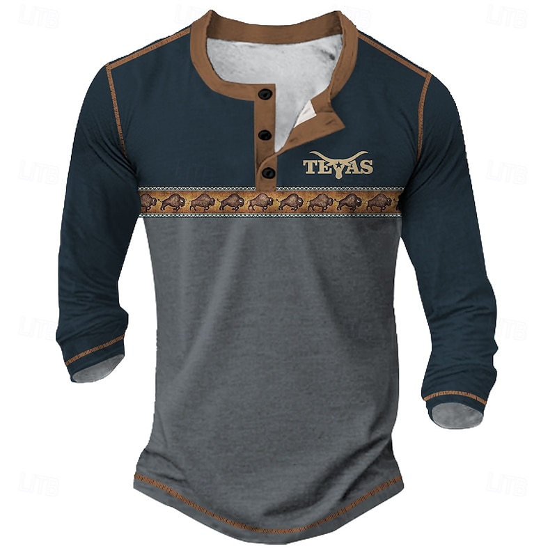 Men's Graphic Ethnic Henley Shirt Tee Long Sleeve Vintage Fashion Designer Outdoor Casual Daily Spring & Fall All Seasons Army Green Dark Brown Dark Gray Henley Henley T-Shirt