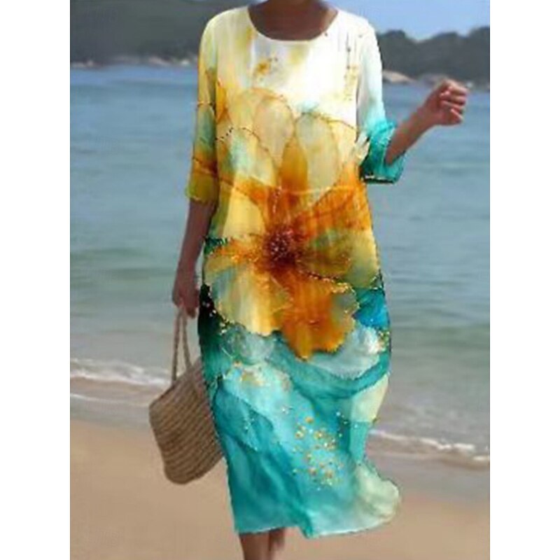 Women's Midi Dress Casual Dress Print Dress Fashion Modern Daily Beach Weekend Regular Fit Ombre Floral 3/4 Length Sleeve Crew Neck Royal Blue Blue Green Spring Fall Autumn3