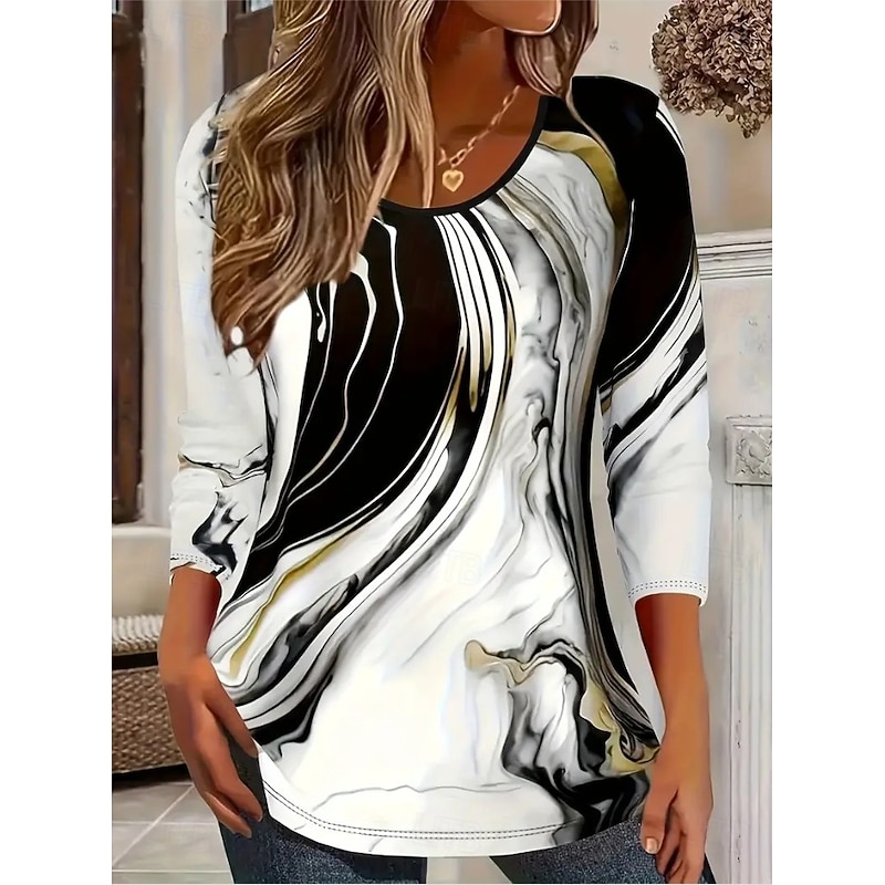 Women's T shirt Long Sleeve Crew Neck Long Sleeve Tunic Ombre Marble Elegant Vintage Regular Tops Daily Going out Weekend Print Black White Pink Navy Blue Blue Prefall4