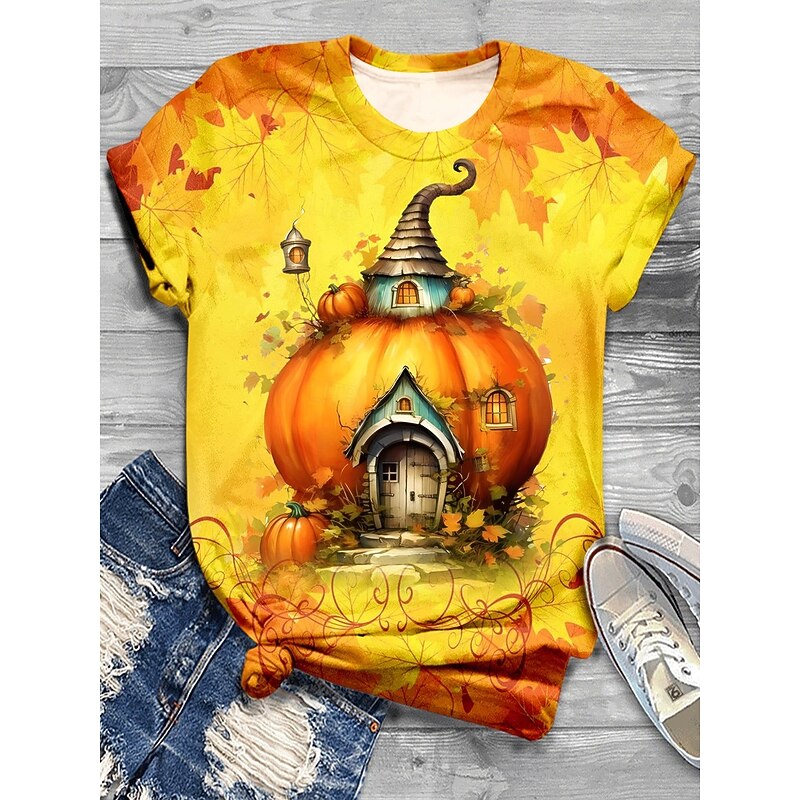 Halloween Women's T shirt Pumpkin Graphic Vintage Stylish Classic Short Sleeve Crew Neck Regular Tops Daily Weekend Print Yellow Orange Summer Fall2