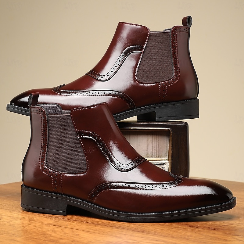 Men's Burgundy Faux Leather Wingtip Chelsea Boots – Classic Brogue Ankle Boots for Gentlemen, Fall Outfits and Semi-Formal Events3