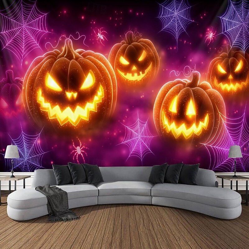 Halloween Blacklight Wall Tapestry – UV Reactive Evil Grinning Pumpkin Face with Headphones, Neon Colors Spooky Music Party Theme, Glow in the Dark Wall Hanging for 2025 Halloween Party Decoration4
