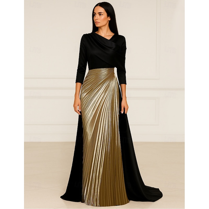Black and Gold A-Line Evening Gown Elegant Dress Formal Wedding Floor Length Long Sleeve Queen Anne Satin with Glitter Pleats