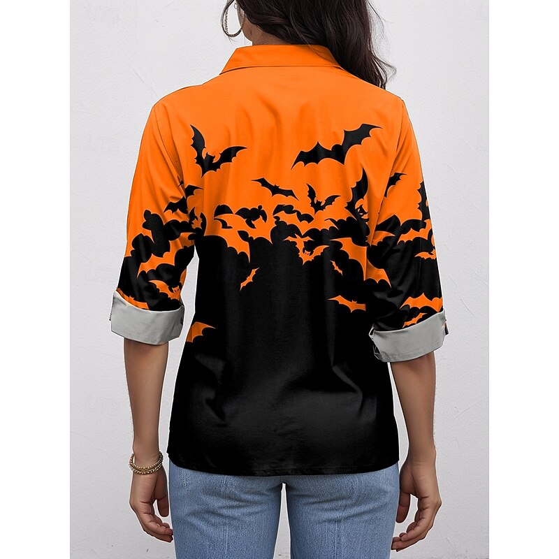 Halloween Women's Shirt Button Down Tunic Shirt Collar Long Sleeve Bat Graphic Active Vintage Cute Regular Tops Work Daily s Print Black Blue Orange Spring Fall Winter2
