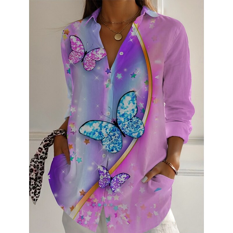 Women's Shirt Floral Butterfly Active Daily Stylish Long Sleeve Shirt Collar Regular Tops Daily Holiday Buttons Print Black White Pink Purple Green Spring Fall3