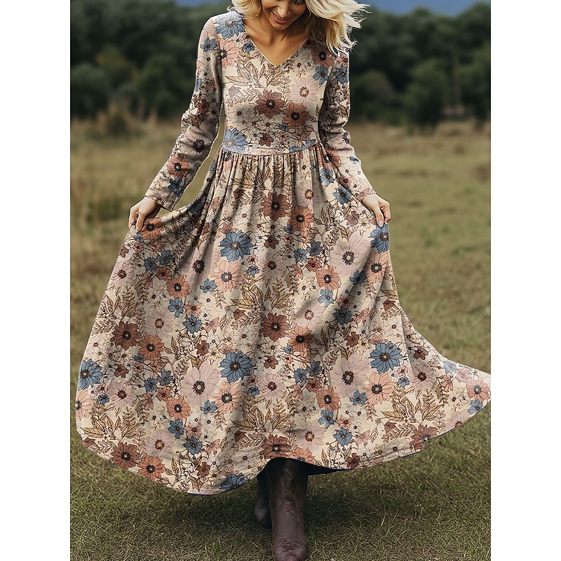 Women's Maxi Dress A Line Dress Vacation Casual Boho Beach Regular Fit Floral Graphic Long Sleeve V Neck Pink Blue Orange Beige Spring Fall