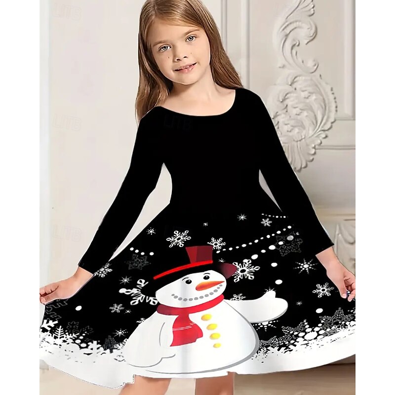 Girls' 3D Snowman Snowflake Dress Long Sleeve Summer Spring Vacation Daily Holiday Princess Beautiful Sweet Kids 4-12 Years Casual Dress A Line Dress Knee-length Regular Fit3