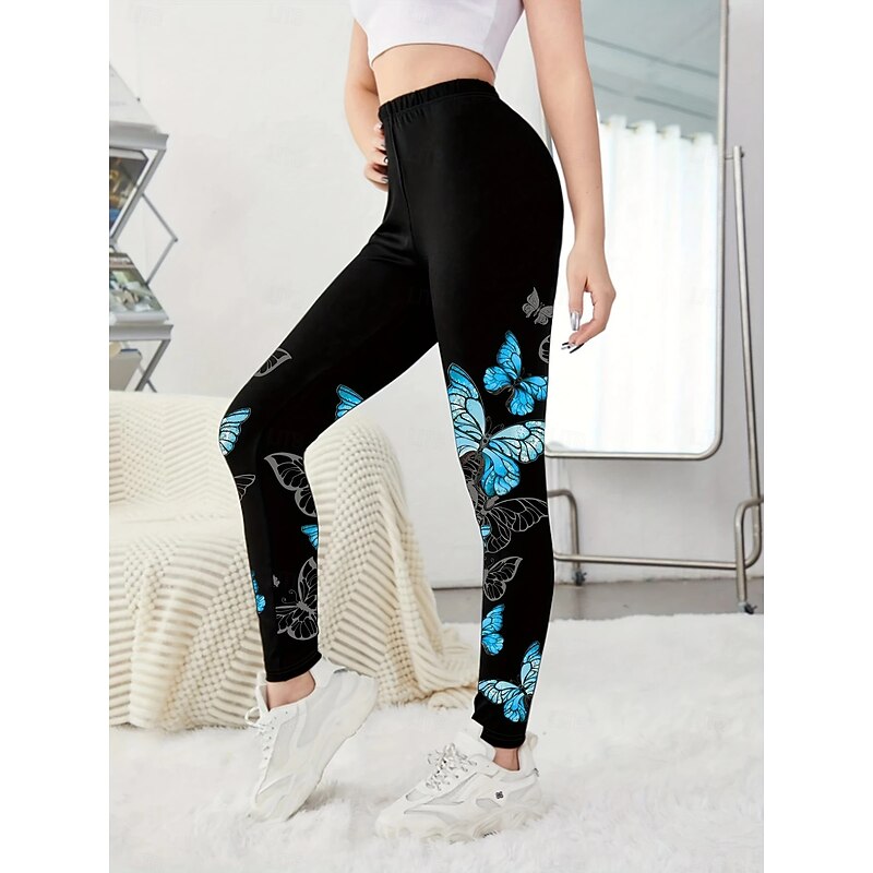 Women's Leggings Vacation Vintage Ethnic Style Ankle-Length High Waist Graphic Animal Butterfly 3D Print Quick Dry Breathability Soft Stretchy Outdoor Home Causal Blue Fall Regular Fit2