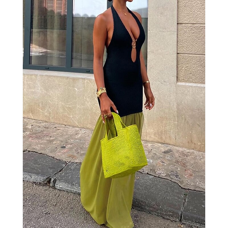 Women's Long Dress Maxi Dress Prom Dress Party Dress Fashion Party Special Occasion Evening Party Regular Fit Color Block Sleeveless Deep V Black Brown Summer3