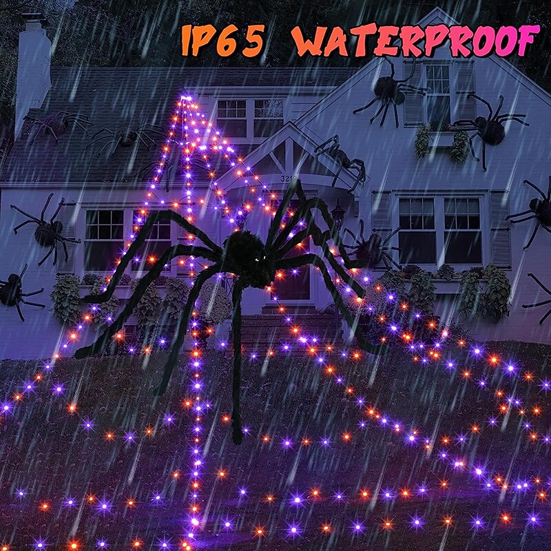 1 Pc Halloween 5M * 4.8M triangular luminous web lamp purple orange AAA waterproof battery box remote control 250 LED beads indoor and outdoor courtyard decoration lights (excluding spiders)