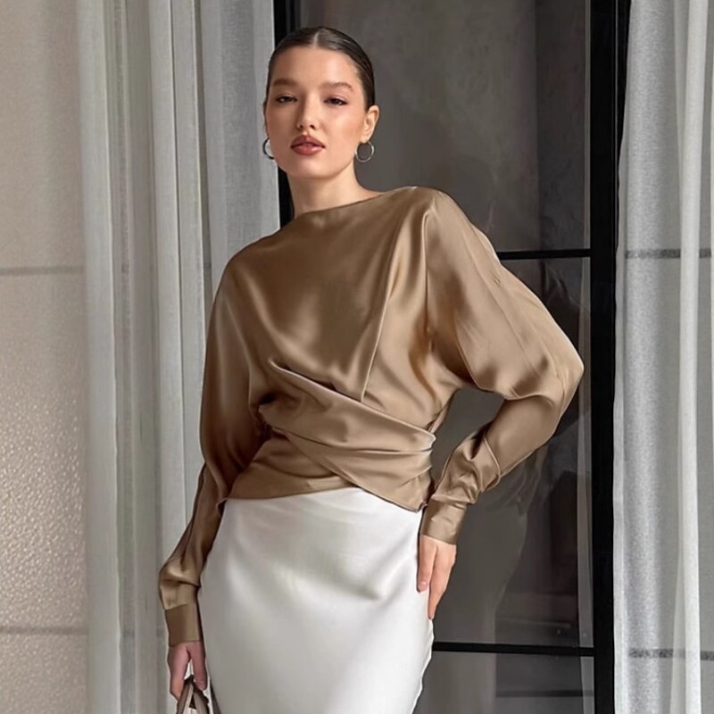 Women's Shirt Solid Color Elegant Vintage Stylish Long Sleeve Off Shoulder Crop Tops Work Daily Holiday Lace up Ruched khaki Spring Fall