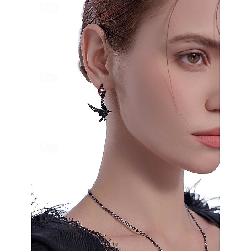 Women's Gothic Raven Drop Earrings with Red Gemstone – Alloy Lightweight Halloween Jewelry for Party, Cosplay and Costume Accessories2