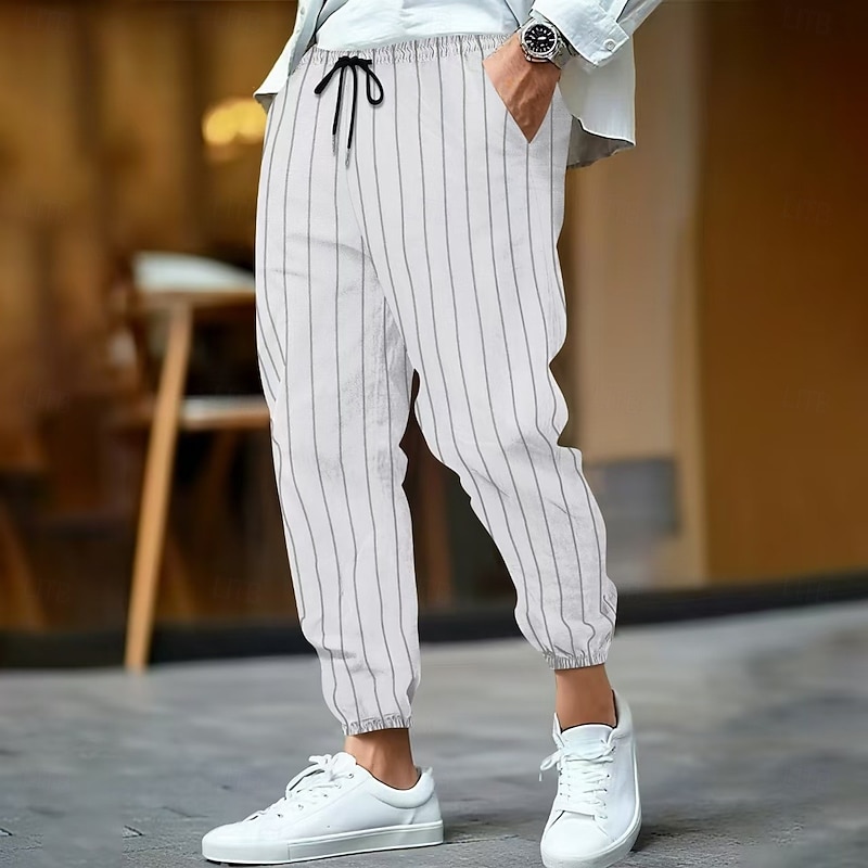 Men's Linen Pants Trousers Summer Pants Pocket Elastic Waist Drawstring Striped Comfort Breathable Full Length Outdoor Business Daily Vacation Business Black White2
