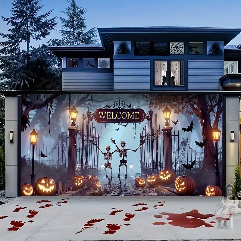Halloween Garage Door Cover – Skeleton Welcome Scene with Red Leaves, Outdoor Decoration for 2025 Halloween Home Front Yard
