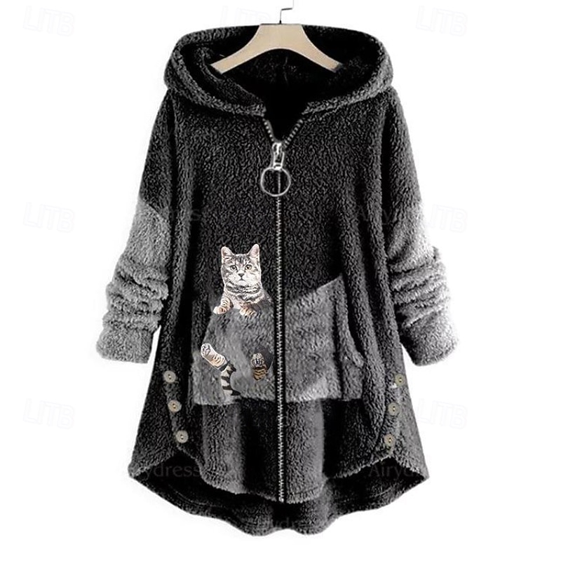 Women's Hoodie Jacket Warm Fleece Lined Pullover Sweatshirt Pajamas Patchwork Zipper Casual Cat Outdoor Vacation Zipper Long Hooded Regular Fit Long Sleeve Outerwear Black Red Army Green Fall Winter4