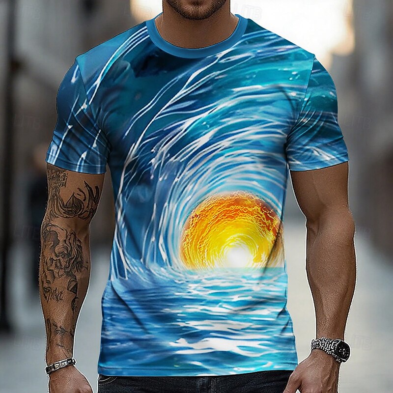 Men's Optical Illusion Ocean 3D T Shirt Short Sleeve T shirt 3D Print Crew Neck Shirt Exaggerated Designer Party Street Holiday Blue 3# Blue 2# Blue 1# Summer Spring All Seasons Clothing Apparel S M