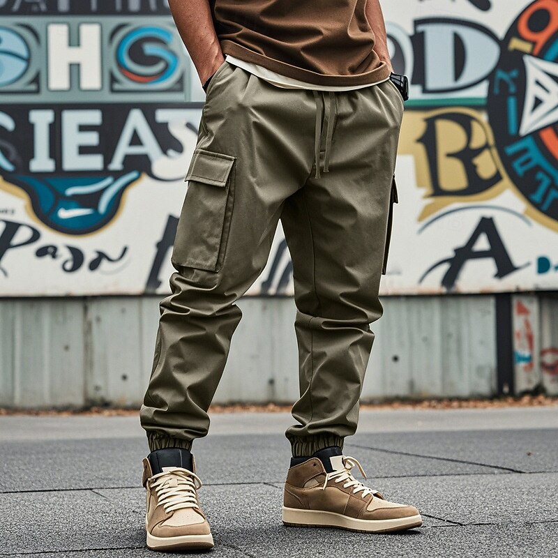 Men's Cargo Pants Cargo Joggers Trousers Casual Pants Pocket Elastic Waist Drawstring Plain Comfort Full Length Outdoor Work Daily Fashion Streetwear Black White Inelastic4
