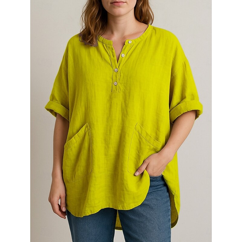 Women's Cotton Linen Shirts Plain Stylish Modern 3/4 Length Sleeve V Neck Regular Tops Daily Holiday Pocket Buttons Print Yellow Sky Blue Purple Khaki Summer Spring Fall4