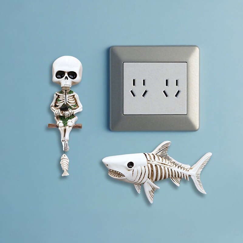 2PCS Halloween Resin Skeleton Fishing Shark Decor, Creative Wall Hanging Ornaments for Home, Fish Tank Landscape, and Light Switch Decoration