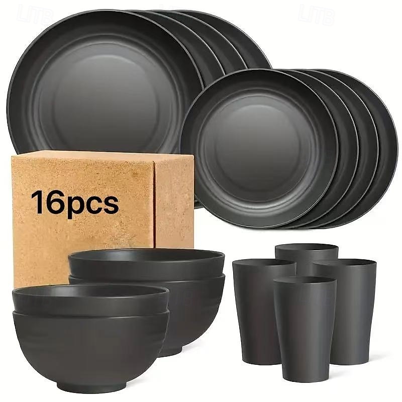 16pcs Unbreakable Dinnerware Set, Microwave & Dishwasher Safe Reusable Black Tableware, Includes 8 Plates, 4 Bowls, 4 Cups, Ideal for Camping and Everyday Use