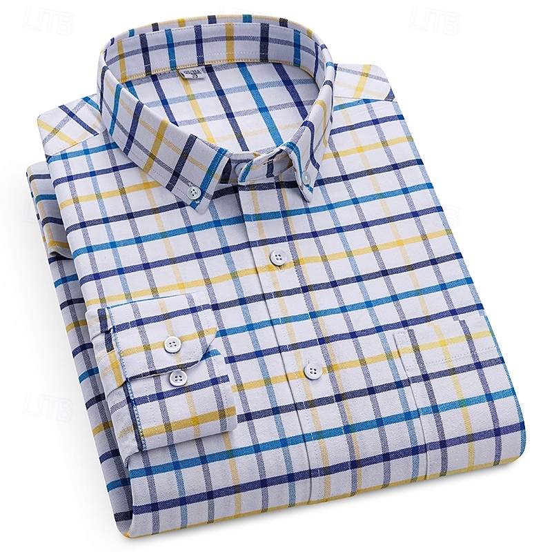 Men's Shirt Dress Shirt Button Down Shirt Oxford Shirt Plaid Shirt Plaid / Striped / Chevron / Round Daily Wear Corporate Clothing Light Yellow Yellow Red Navy Blue Long Sleeve Shirt Collar All4