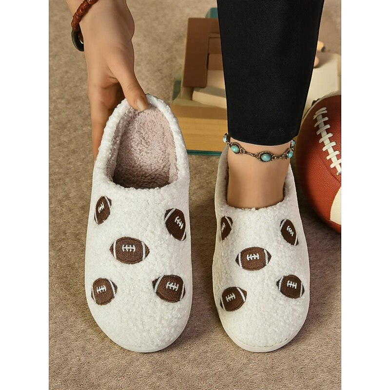 Women's Fleece-Lined Rugby Ball Print Slippers – Cozy Indoor House Shoes for Game Day, Lounging and Holiday Gifts2