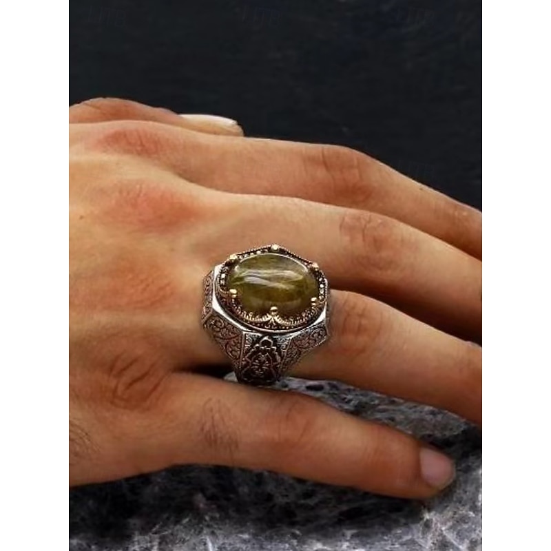 Men's Vintage Crystal Statement Ring – Adjustable Open Band Silver-Plated Jewelry with Carved Design for Fashion, Parties and Gifts2