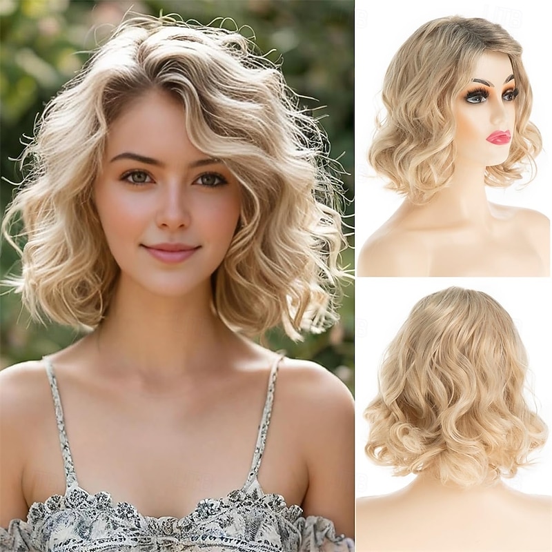 Short Wavy Blonde Wig for Women Synthetic Side Part Halloween Cosplay Hair Wig