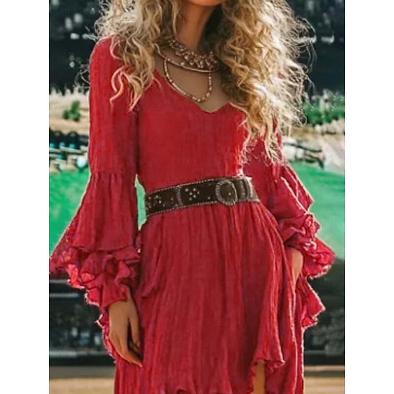Women's Mini Dress Boho Dress Western Dress Fashion Classic Modern Outdoor Holiday Going out Regular Fit Plain Long Sleeve V Neck Red Summer2