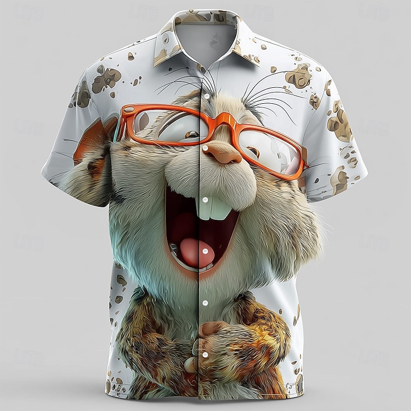 Men's Animal Cartoon Rabbit Shirt Summer Shirt Button Up Shirt Short Sleeve Funny Outdoor Vacation Dailywear Summer Spring Turndown 3D Print Collared Shirts Front One Pocket White 1 White