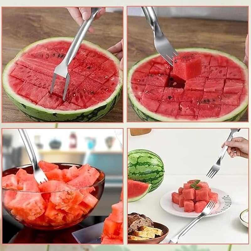 2pcs Watermelon Slicer 2-In-1 Stainless Steel Fruit Slicer 2025 Double Headed Watermelon Fork Slicing Tool Summer Fruit Cutting Household Kitchen Small Tool2