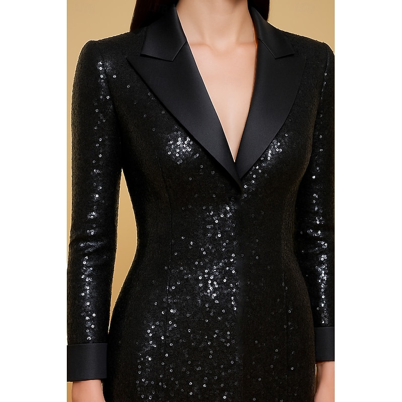 Tuxedo Dress A-Line Formal Wedding Guest Kentucky Derby Sequin Elegant Celebrity Style Long Sleeve Floor Length Lapel2