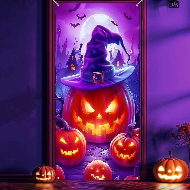 Halloween Door Cover Neon Pumpkin Head Witch Banner, Glowing Blacklight Entrance Decoration for Outdoor & Indoor 2025 Halloween Bedroom, Living Room, Bathroom