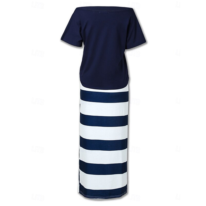 Women's Dress Set T Shirt Dress Tee Dress Casual Stripe Drawstring Print Maxi Dress Short Sleeve Off Shoulder Outdoor Daily White Blue Summer Spring Regular Fit3