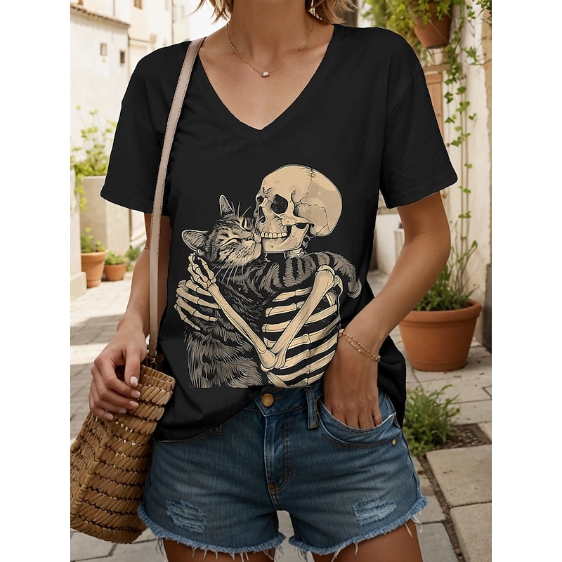 Halloween Women's T Shirt Skulls Graphic Cat Vintage Stylish Classic Short Sleeve V Neck Regular Tops Daily Print Black and White Black White Yellow Pink Summer Spring