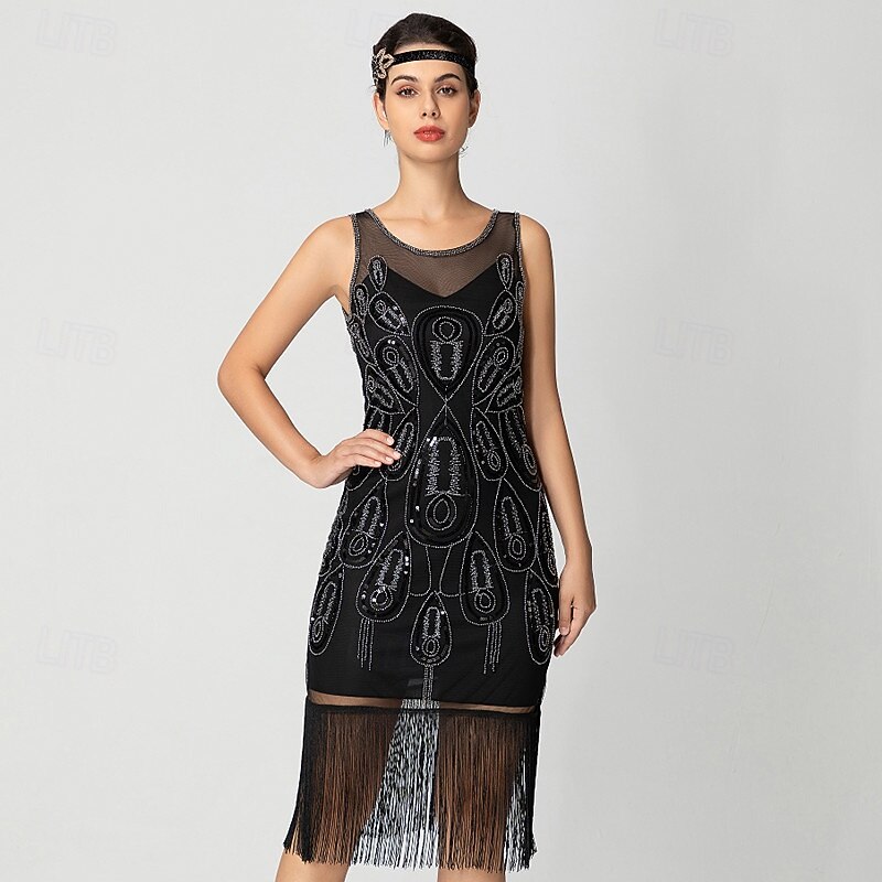 Retro Vintage Roaring 20s 1920s Knee Length Flapper Dress Cocktail Dress The Great Gatsby Flapper Girl Sequins Fringe Fancy Dress Women's Christmas Halloween Carnival Wedding Evening Party Masquerade2