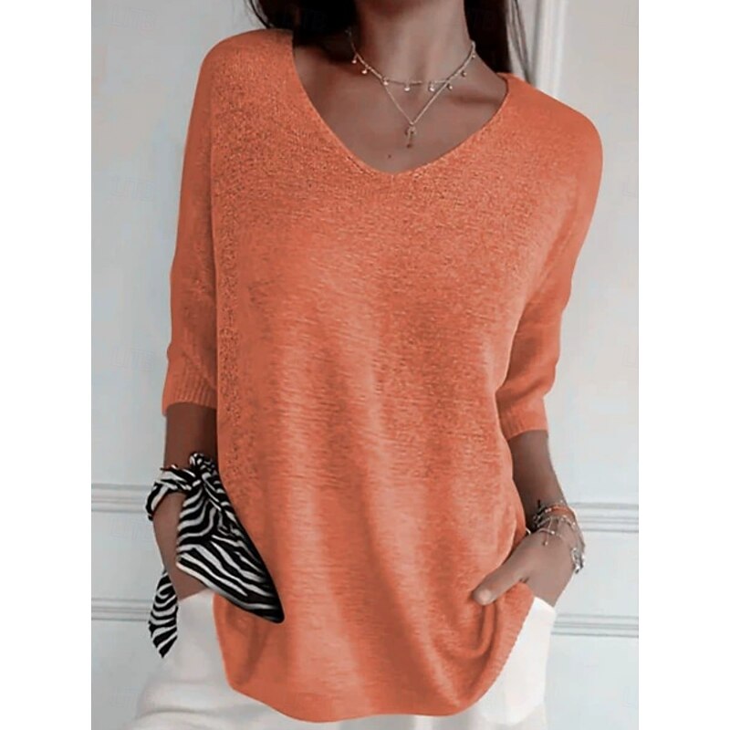 Women's Sweater Basic Casual Soft Solid Color Ribbed V Neck Knitted Long Sleeve Regular Tops Knit Outdoor Daily Weekend Blue Orange Spring Fall3
