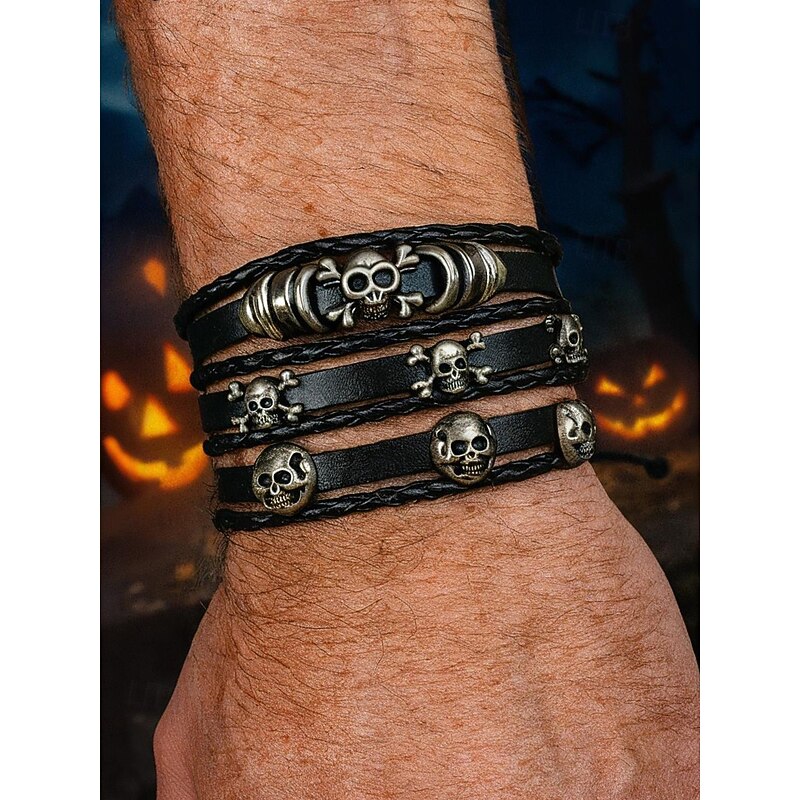 Men's Skull Charm Leather Bracelet set – Adjustable Genuine Leather Punk Wristband for Halloween Party, Cosplay and Rock Concerts3