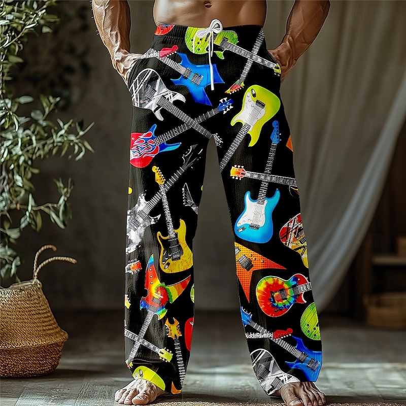 Men's Guitar Musical Instrument Trousers Baggy Pants Casual Pants Mid Waist Retro Vintage Outdoor Vacation Holiday Drawstring Side Pockets Elastic Waist Summer Spring 3D Print Black White Purple