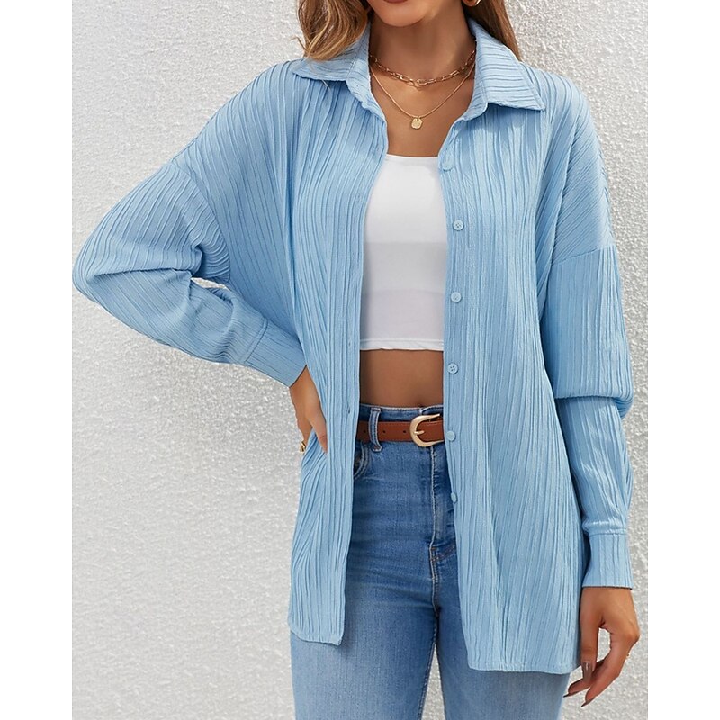 Women's Shirt Texture Blouse Plain Daily Stylish Basic Long Sleeve Shirt Collar Regular Tops Work Daily Holiday Buttons Blue Spring Fall