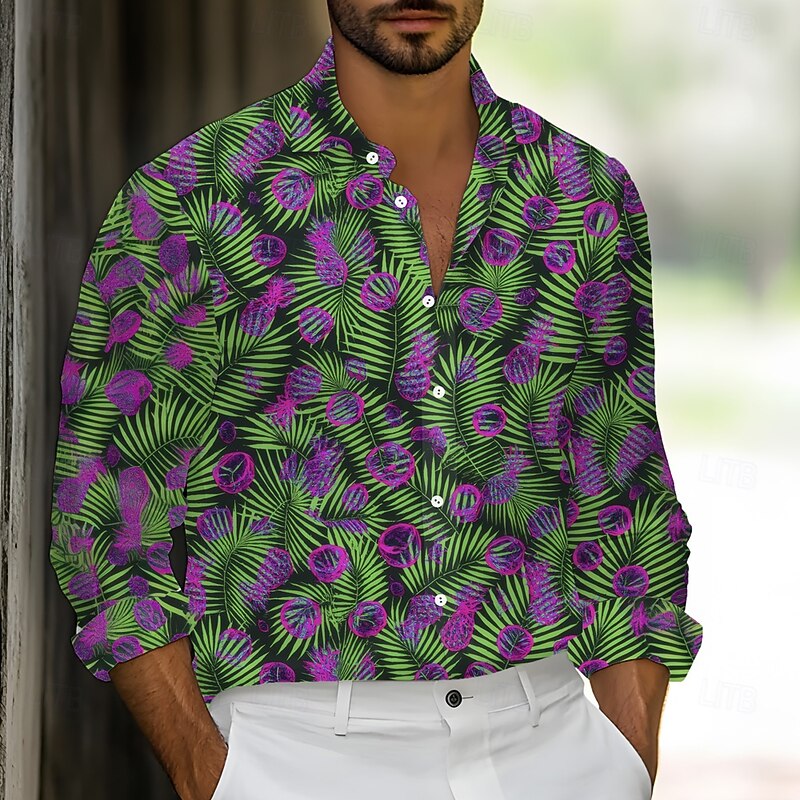 Men's Palm Leaf Tropical Plants Shirt Summer Hawaiian Shirt Button Up Shirt Long Sleeve Hawaiian Holiday Streetwear Summer Spring Turndown 3D Print Collared Shirts Blue Green Rose Red3