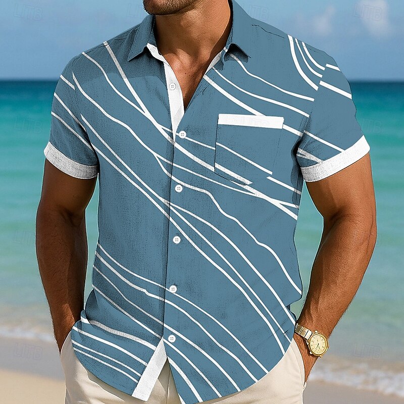 Men's Geometric Lines / Waves Shirt Summer Shirt Button Up Shirt Short Sleeve Fashion Casual Vacation Holiday Streetwear Summer Turndown 3D Print Front One Pocket Linen Like Shirt Blue Purple Green